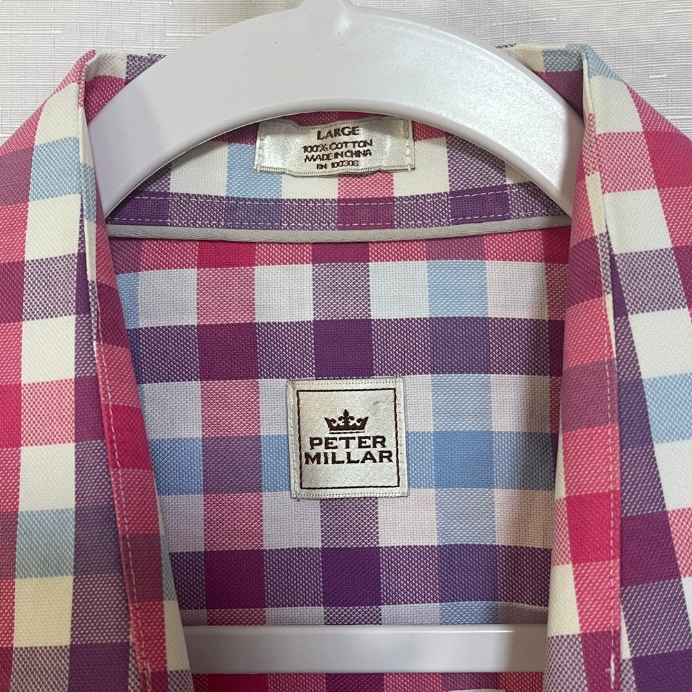 Peter Millar Mens Large Gingham Check Button Down Shirt Purple Pink MS14W51CSL - Picture 2 of 6